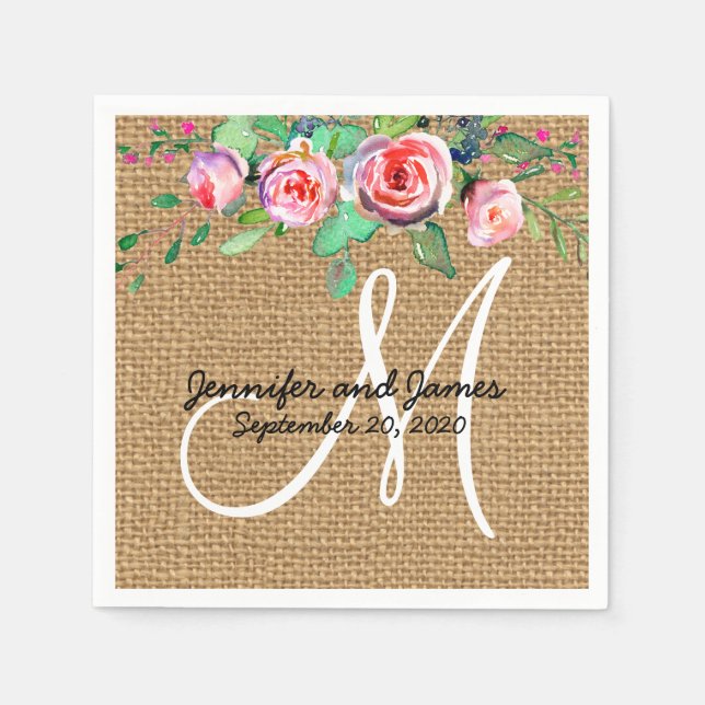 Floral Chic Burlap Rustic Monogram Wedding Napkin (Front)