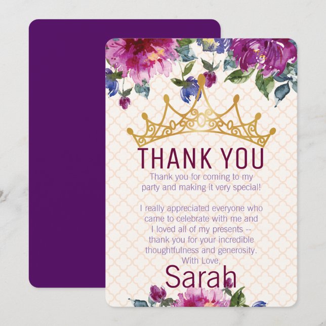 Floral Chic Crown Birthday Thank you Card (Front/Back)