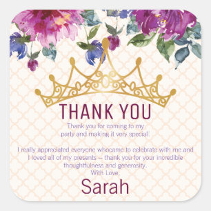 Floral Chic Crown Birthday Thank you Square Sticker