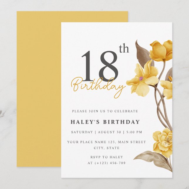 Floral Chic Elegant Simple Yellow 18th Birthday Invitation (Front/Back)