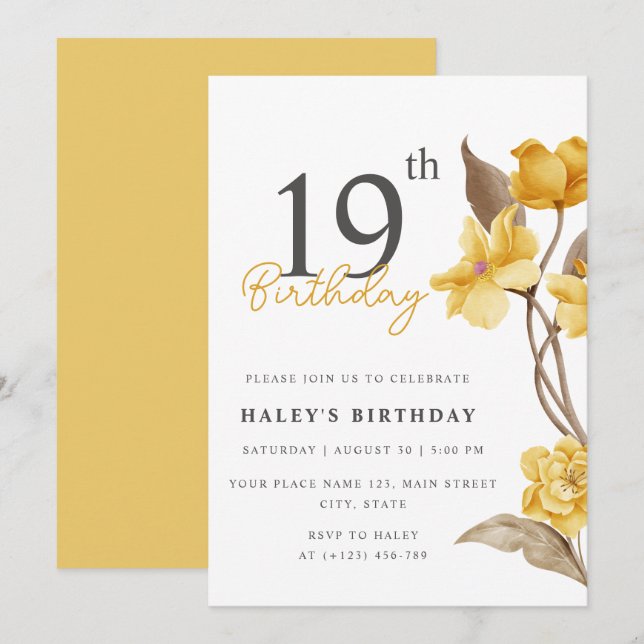 Floral Chic Elegant Simple Yellow 19th Birthday Invitation (Front/Back)