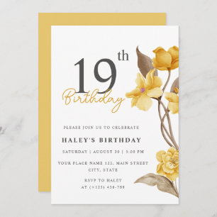 Floral Chic Elegant Simple Yellow 19th Birthday Invitation