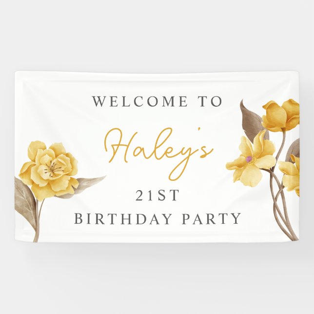 Floral Chic Elegant Simple Yellow 21st Birthday Banner (Horizontal)