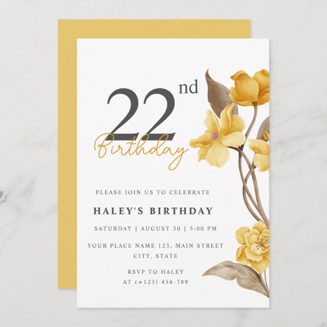Floral Chic Elegant Simple Yellow 22nd Birthday Invitation (Front/Back)