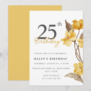 Floral Chic Elegant Simple Yellow 25th Birthday Invitation