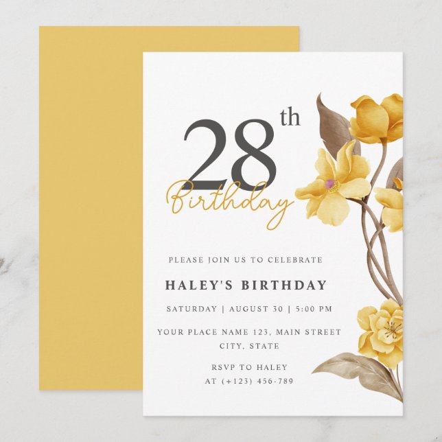Floral Chic Elegant Simple Yellow 28th Birthday Invitation (Front/Back)