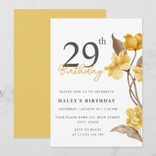 Floral Chic Elegant Simple Yellow 29th Birthday Invitation