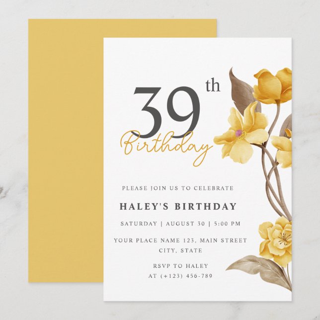 Floral Chic Elegant Simple Yellow 39th Birthday Invitation (Front/Back)
