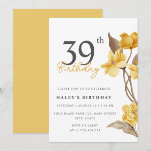 Floral Chic Elegant Simple Yellow 39th Birthday Invitation
