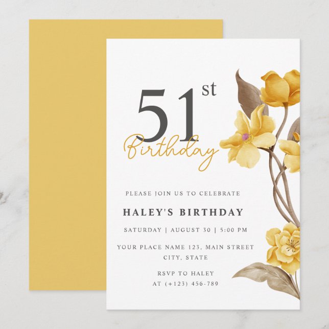 Floral Chic Elegant Simple Yellow 51st Birthday Invitation (Front/Back)
