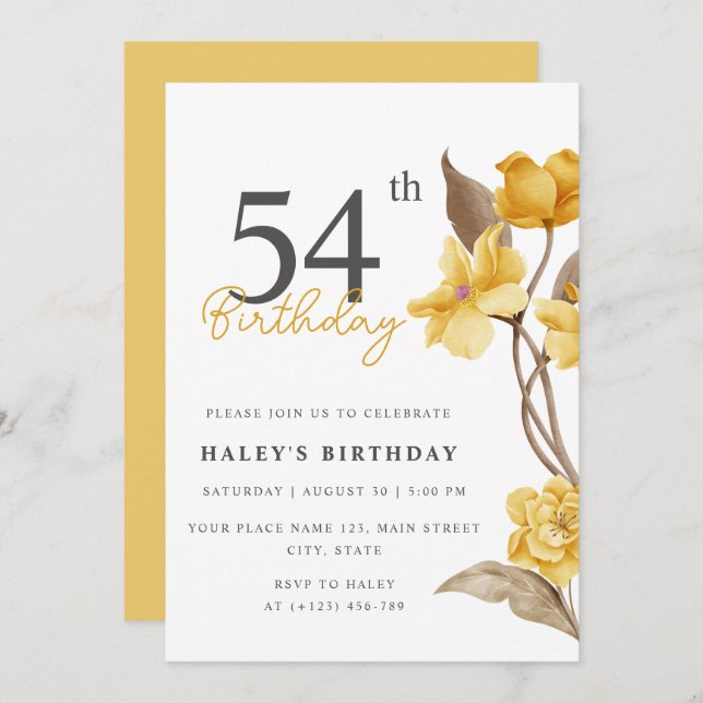 Floral Chic Elegant Simple Yellow 54th Birthday Invitation (Front/Back)