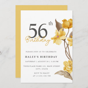 Floral Chic Elegant Simple Yellow 56th Birthday Invitation