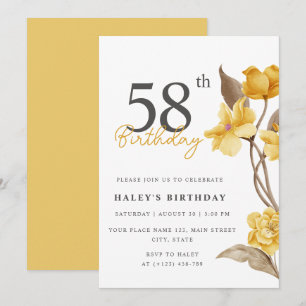Floral Chic Elegant Simple Yellow 58th Birthday Invitation