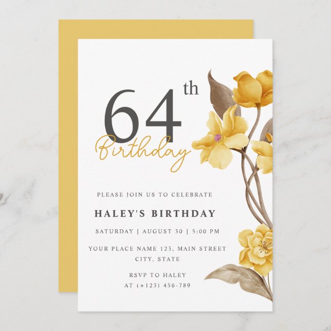 Floral Chic Elegant Simple Yellow 64th Birthday Invitation (Front/Back)