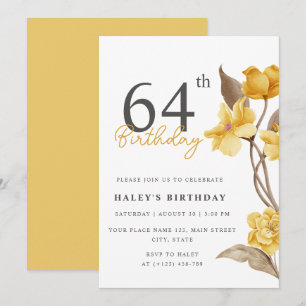 Floral Chic Elegant Simple Yellow 64th Birthday Invitation