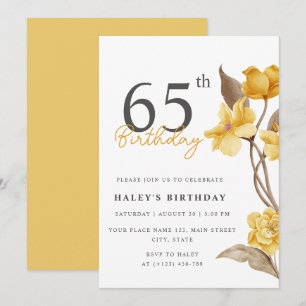 Floral Chic Elegant Simple Yellow 65th Birthday Invitation