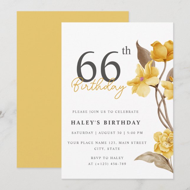 Floral Chic Elegant Simple Yellow 66th Birthday Invitation (Front/Back)