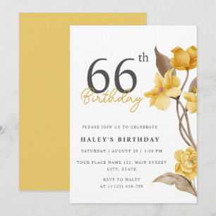 Floral Chic Elegant Simple Yellow 66th Birthday Invitation