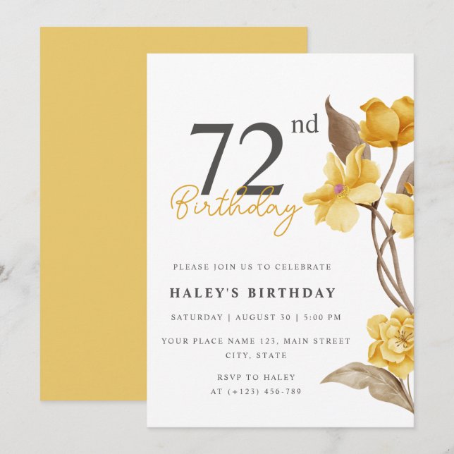 Floral Chic Elegant Simple Yellow 72nd Birthday Invitation (Front/Back)