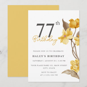 Floral Chic Elegant Simple Yellow 77th Birthday Invitation