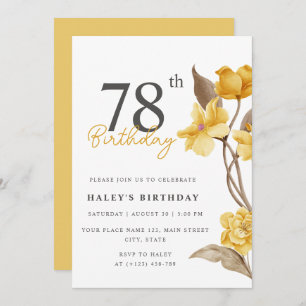 Floral Chic Elegant Simple Yellow 78th Birthday Invitation