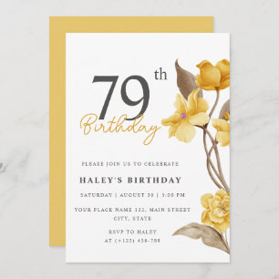 Floral Chic Elegant Simple Yellow 79th Birthday Invitation