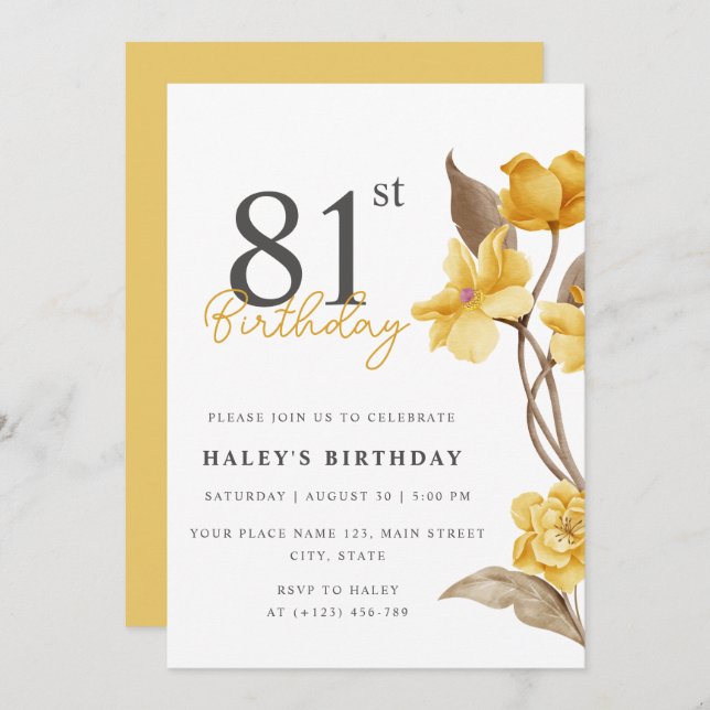 Floral Chic Elegant Simple Yellow 81st Birthday Invitation (Front/Back)