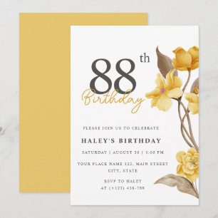 Floral Chic Elegant Simple Yellow 88th Birthday Invitation