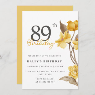 Floral Chic Elegant Simple Yellow 89th Birthday Invitation