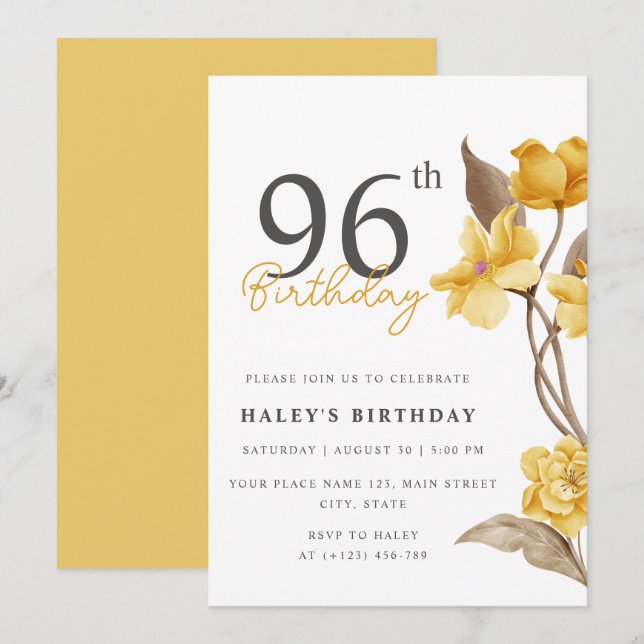 Floral Chic Elegant Simple Yellow 96th Birthday Invitation (Front/Back)