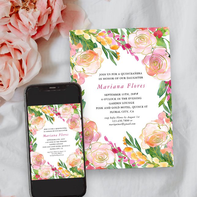 Floral Chic Framed Pink and Gold Quinceanera Invitation (Quinceanera Invitation from my Floral Chic Quinceanera Collection)