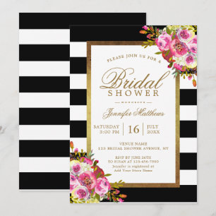 Floral Chic Gold Black White Stripes Bridal Shower Invitation