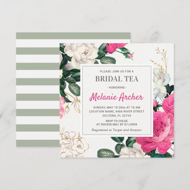 Floral Chic Hot Pink Peony Roses Bridal Shower Tea Invitation (Front/Back)