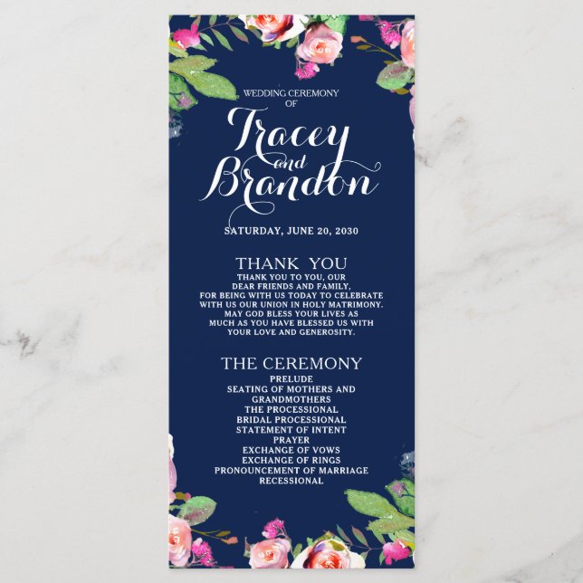 Floral Chic Navy Blue Elegant Wedding Program Programme (Front)
