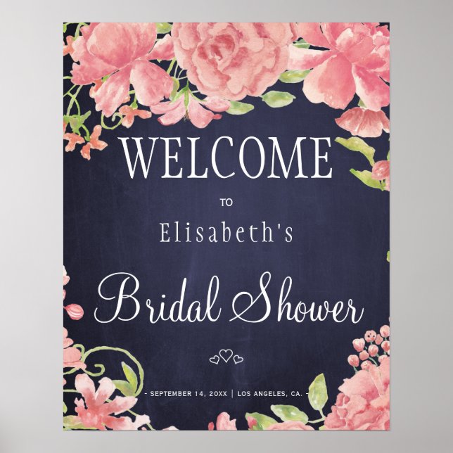Floral chic navy bridal shower welcome sign (Front)