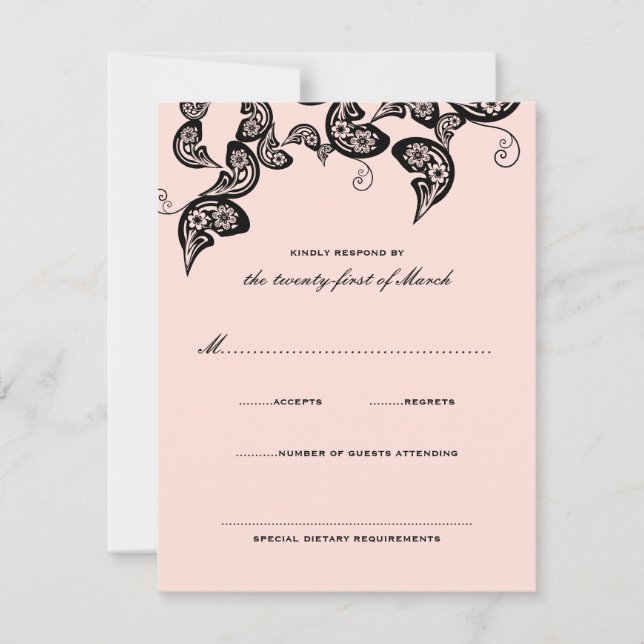 Floral Chic Peacock Black Pink Wedding RSVP Card (Front)