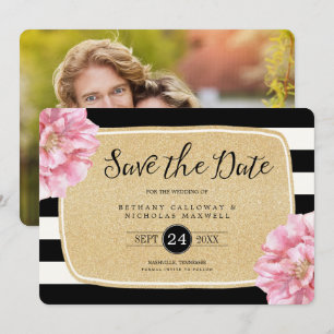 Floral Chic Photo Save the Date Gold Glitter Invitation