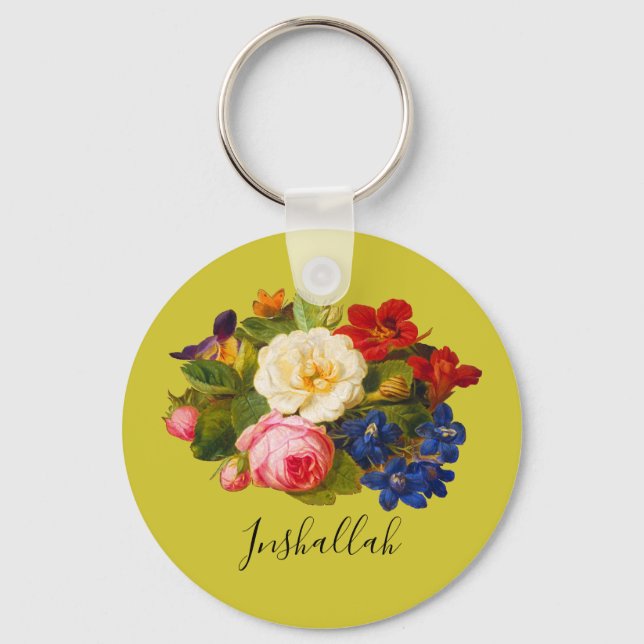 Floral Chic Pink White Rose Red Inshallah Green Key Ring (Front)