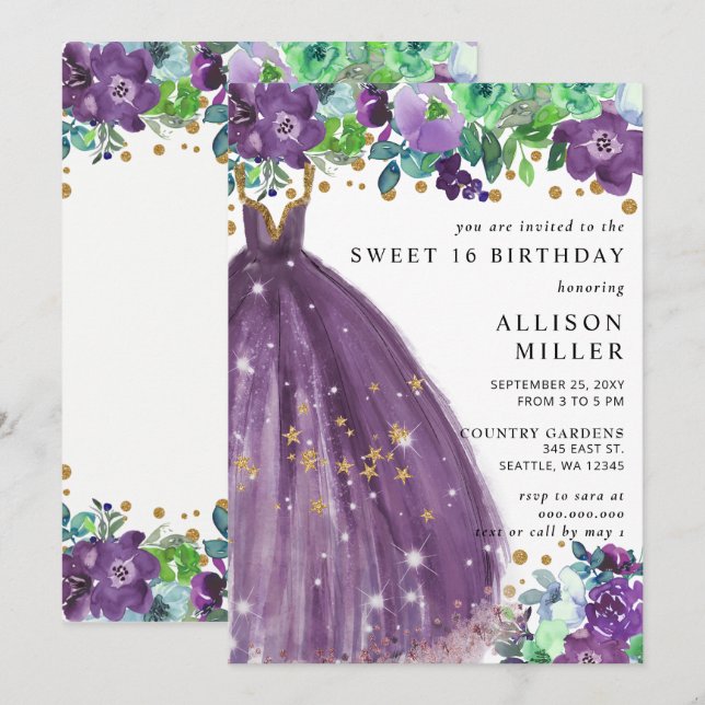Floral Chic Purple Gold Glitter Dress Sweet 16  Invitation (Front/Back)