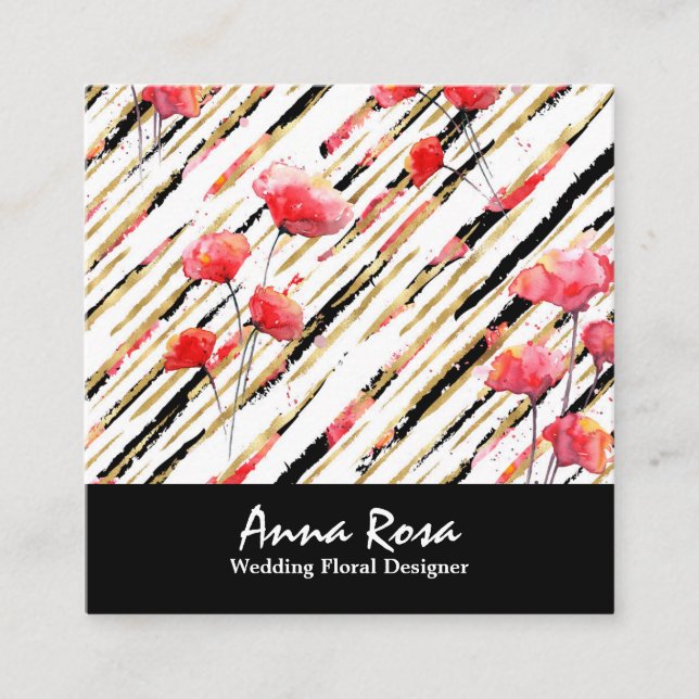 *~* Floral Chic Red Poppy Black White Glitter Foil Square Business Card (Front)