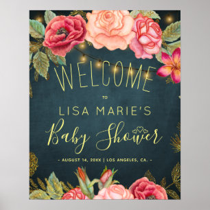 Floral chic roses baby girl shower welcome sign