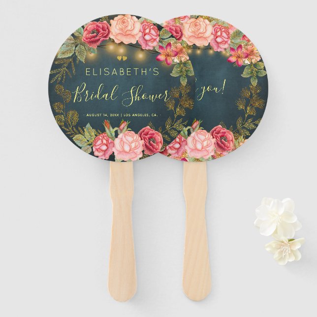 Floral chic roses bridal shower welcome favour hand fan (Front and Back)