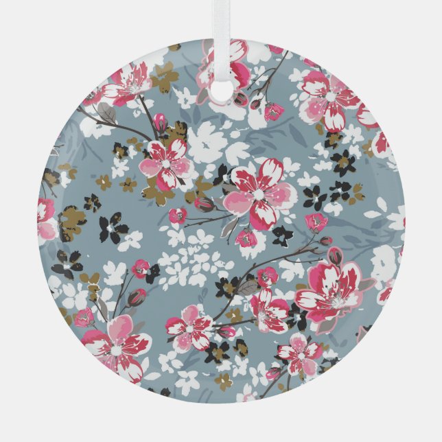 Floral Chic: Small Blossom Backgrounds Glass Tree Decoration (Front)