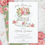 Floral China Tea Cup Baby Shower Invitation<br><div class="desc">Vintage china tea cups with pretty pink flowers set on a white background with a coordinating green floral back for an extra special touch.</div>