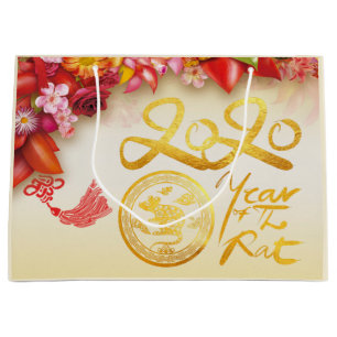 Floral Chinese gold Paper-cut Rat 2020 L Gift Bag