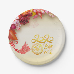 Floral Chinese gold Paper-cut Rat 2020 party PP Paper Plate