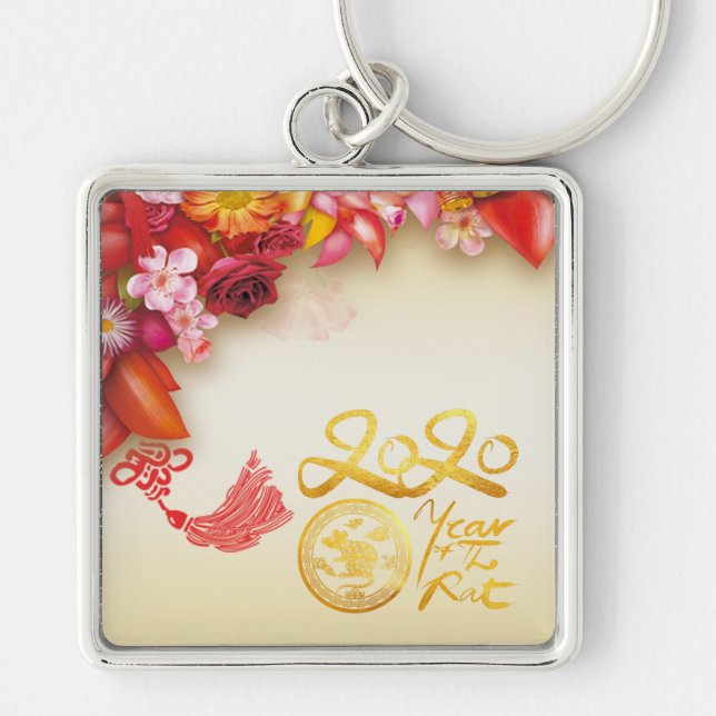 Floral Chinese gold Paper-cut Rat 2020 Sq MK Key Ring (Front)