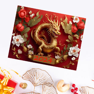 Floral Chinese New year 2024 Gold Dragon White Red Holiday Postcard