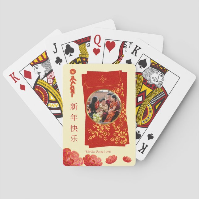 Floral Chinese New Year Lunar New Year Photo Playing Cards (Back)