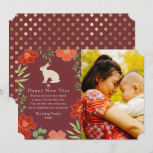 Floral Chinese New Year Rabbit Photo Holiday Card